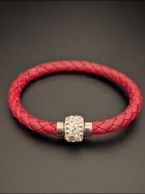 Red / Burgundy Braided Leather Crystal Bead Bracelet Magnetic Closure